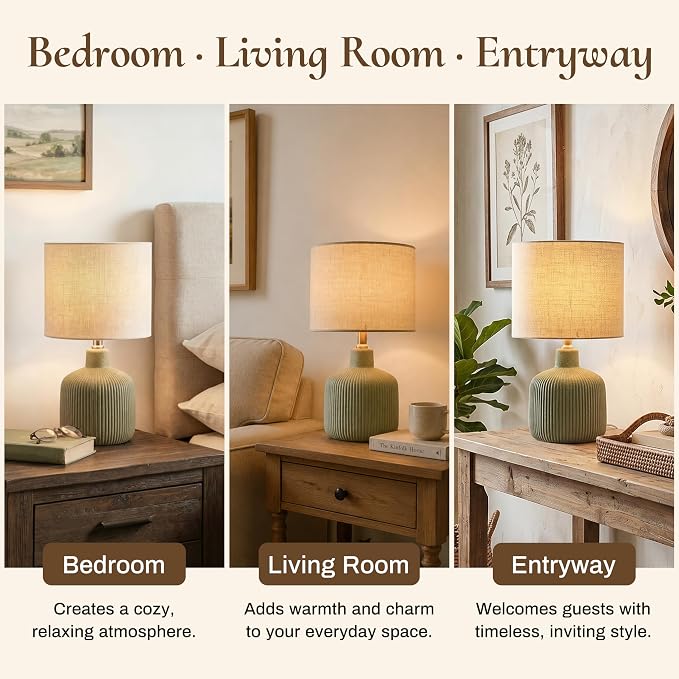 Ceramic Table Lamp, Oliver Green, 17.75" | Beige Linen Shade, Warm Ambient Lighting, Bedside Nightstand, Natural