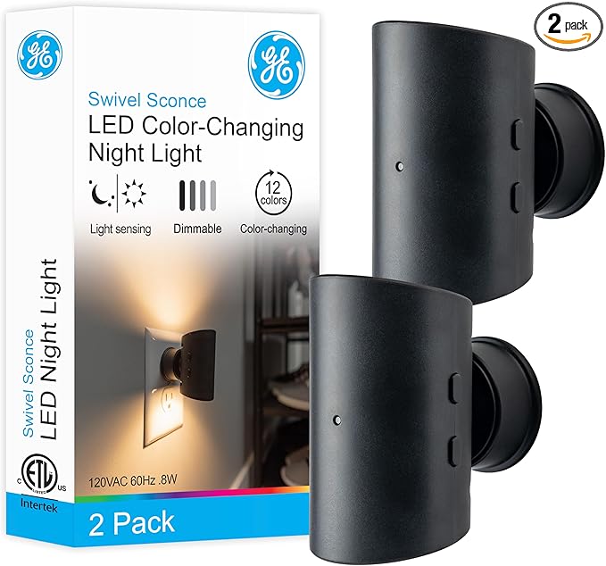 GE Directional Swivel Sconce Night Light, Plug-in, Color-Changing & Dimmable, Warm White, Dusk-to-Dawn Sensor, Adjustable for Hallway, Bedroom, Stairway – 2 Pack 83591