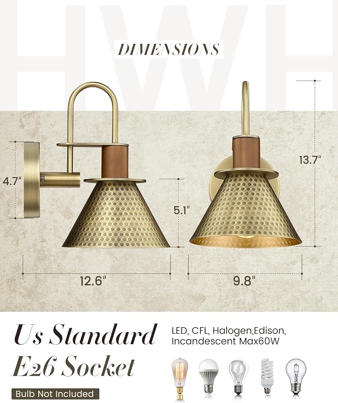 Industrial Wall Sconces Set of Two, HWH Indoor Wall Light Fixtures Barn Light, Single Wall Vanity Lamp for Bedroom Bedside Kitchen, Hammered Metal Shade, Antique Brass Finish, 5HZG74B-2L BG