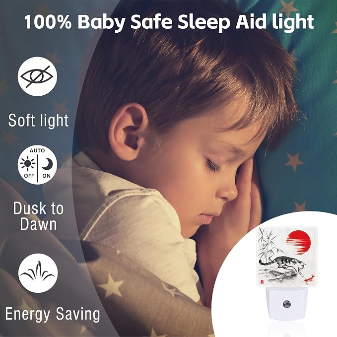 Watercolor Cat and Koi Fish Night Light, Red Sun Bamboo Ink Painting Dusk to Dawn Night Light Plug in,0.5w Energy Saving Sleep Friendly NightLight for Kids Boys Girls Home Decor