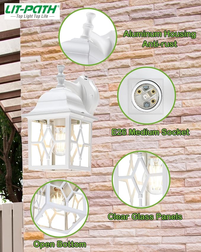 Outdoor Wall Light Fixture, Rustproof Aluminum, Glass | Dusk to Dawn Large Exterior Porch Light Wall Sconce Lantern for House, Patio, Garage, Waterproof, E26 Socket 60W Max, White