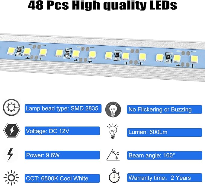 Rifachua Car 12V Interior LED Light Bar 48 LEDs Strip Lights 4P | With Switch and Magnets, Extendable, 6500K White Light, For Car Van RV Cabinet Showcase Indoor Room Home Boat Caravan