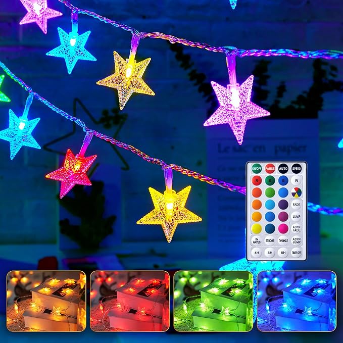 Minetom Star String Lights Battery Operated - 17 ft 50 LED Color Changing Star Fairy Light with Remote and Timer, 16 Single Colors and 7 Modes Starry Lights for Bedroom Dorm Christmas Halloween Decor