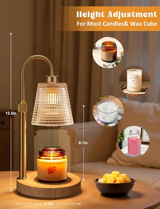 Innqoo Wood Color& Clear Candle Warmer Lamp with Timer, Dimmable Candle Warmer for Jar Candles, Height Adjustable Wax Melts Warmer, Birthday Gifts for Women Mom, House Warming Gifts New Home Decor