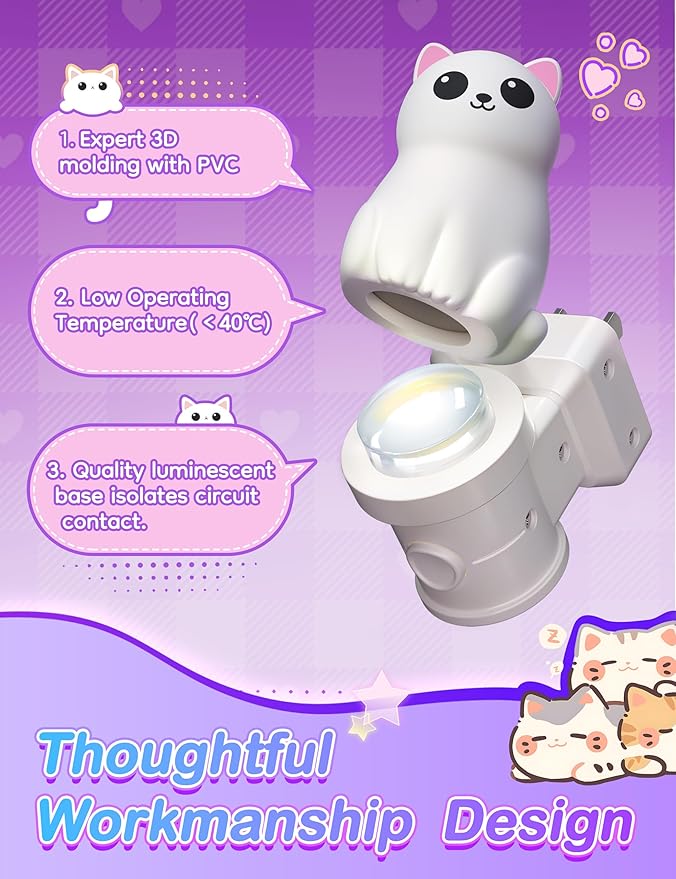 KINDEEP Kids Night Light Plug in: Cute 3D Cat Nightlight with Dusk to Dawn Sensor, RGB & Soft White 3000K, Toddler Night Light Plug into Wall for Room Decor 1 Pack (White Persian Cat)