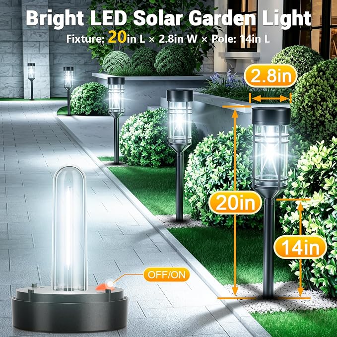 Amzarp 12 Pack Solar Garden Lights, Outdoor Bright LED Solar Pathway Lights | IP65 Waterproof Rugged Shatterproof Auto On/Off for Landscape Garden Yard Walkway Driveway Lawn Lighting（6500K Cool White）