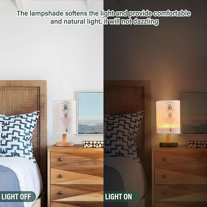 Table Lamp Cute Ballerina Girl Princess Dancing Ballet with Heart Nightstand Lamp with Wood Base Fabric Lamp Shade Bedside Desk Lamp for Living Room Bedroom Kids Room Office