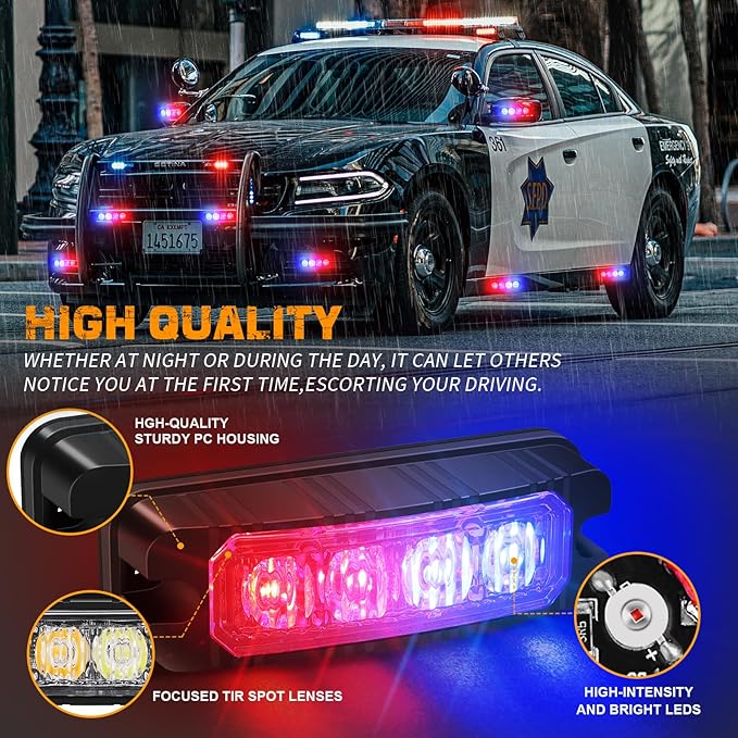 XRIDONSEN 8PCS Sync Grill Police Lights for Truck 32 LED Red Blue Emergency Strobe Lights Flashing Warning Hazard Caution Safety Surface Mount Grille Light for Law Enforcement Vehicles Pickup Car SUV