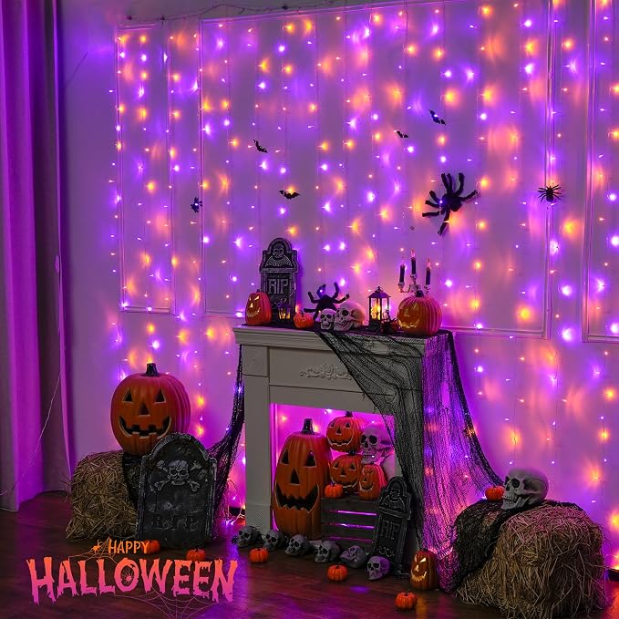 JMEXSUSS 300LED Halloween Curtain Lights, Orange and Purple, 9.8x9.8ft | Remote, Plug in, Window Twinkle Hanging String Lights, For Bedroom, Wall, Party, Backdrop, Yard, Indoor, Outdoor Decor