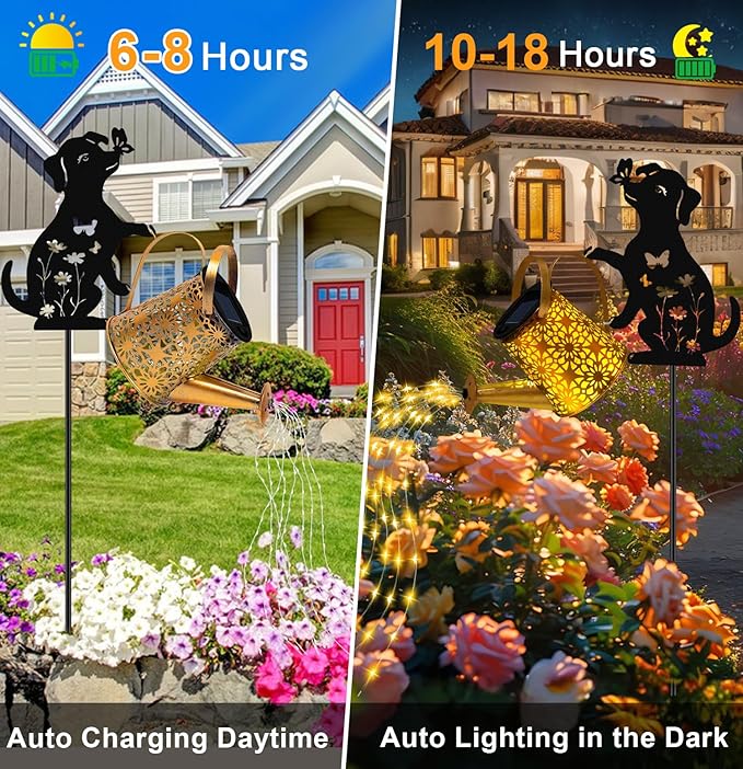 Christmas Gifts Solar Lights Outdoor Decorative, Watering Can with Cascading Lights, with Dog Silhouette Garden Stakes, Waterproof Metal Garden Decor 2 Pack
