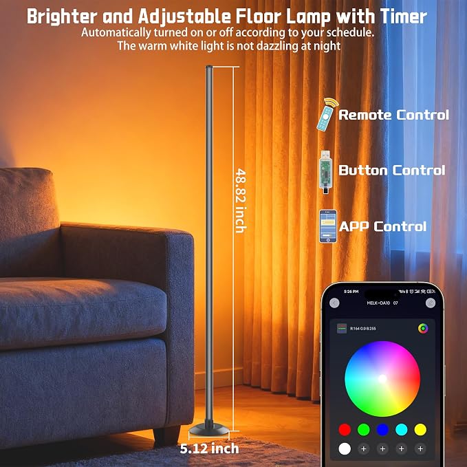 IC+RGBW Led Corner Floor Lamp USB Powered App, Remote Control, 2 Pack | App & Remote Control Color Changing, Timer, 64+ Music Modes Standing Lamps for Living Room Lamp Bedroom Gaming Room