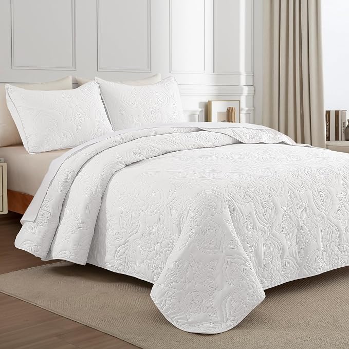 Whale Flotilla Cal King Quilt Set Vintage Damask Reversible Bedspread | Suitable for Bed, 3 Pieces White Lightweight Breathable Oversized Quilts, Ultrasonic Coverlet Bed Cover with 2 Pillow Shams