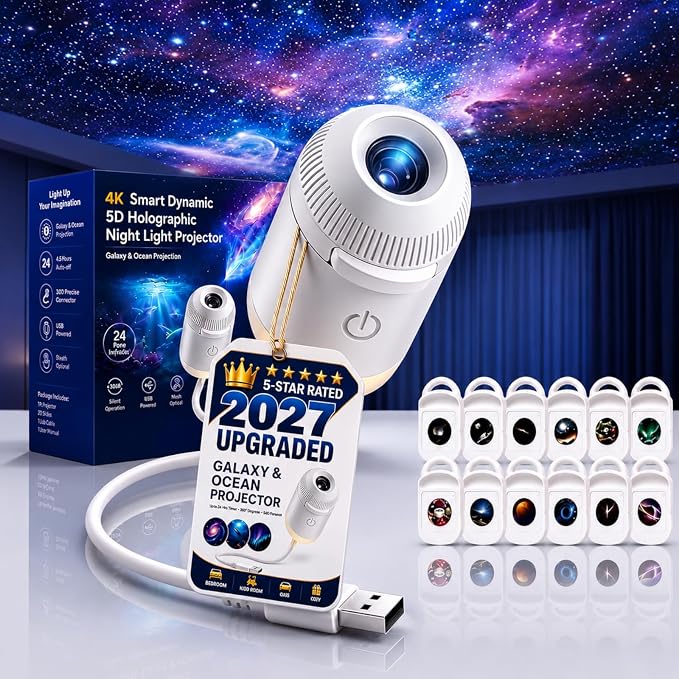Hd Smart Dynamic 5d Holographic Night Light Projector, 2027 Upgraded Plug and Play Hd Star Projector, 360° Adjustable Hd Galaxy and Ocean Projector for Bedroom Ceiling (12 Projection Films)