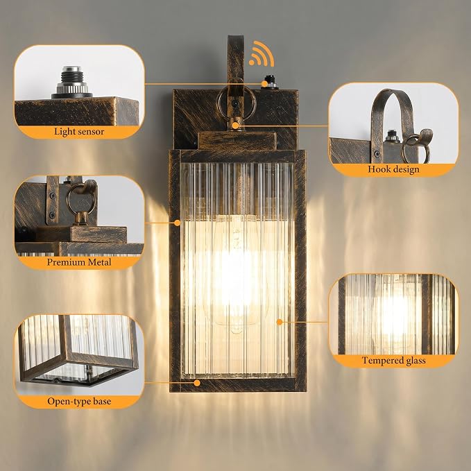 11.8" Black Brush Gold Dusk to Dawn Porch Light, Designer Metal Sconce | Dual-Tone Luxury, Matte Black & Brushed Gold, Checkered Glass, Dusk to Dawn Automation, Weatherproof & Pre-Assembled