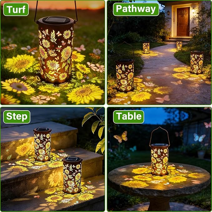 Colorful Solar Lanterns Outdoor Waterproof, Garden Decor Gifts for Women Mom Grandma - LED Colorful Sunflower Solar Powered Lights Metal Hanging Lantern for Outside Garden Patio Yard Lawn Porch Decor