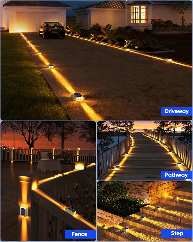 DetarZinLED Solar Deck Lights Outdoor IP68 Waterproof 4 Pack Amber Warm | Sturdy PC Shell, Stick on & Screw Mount, Markers Light for Outside Dock, Step, Walkway, Path, Sidewalk, Patio, pool, Driveway