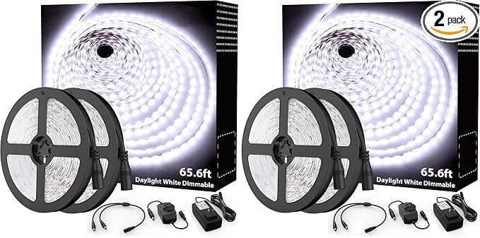 Onforu LED Strip Lighting Bright White, 65.6ft 6000K Dimmable Daylight White Tape Light, Flexible 12V Adhesive Ribbon Easter Rope Light, for Kitchen, Under Cabinet, Bedroom (Pack of 2)
