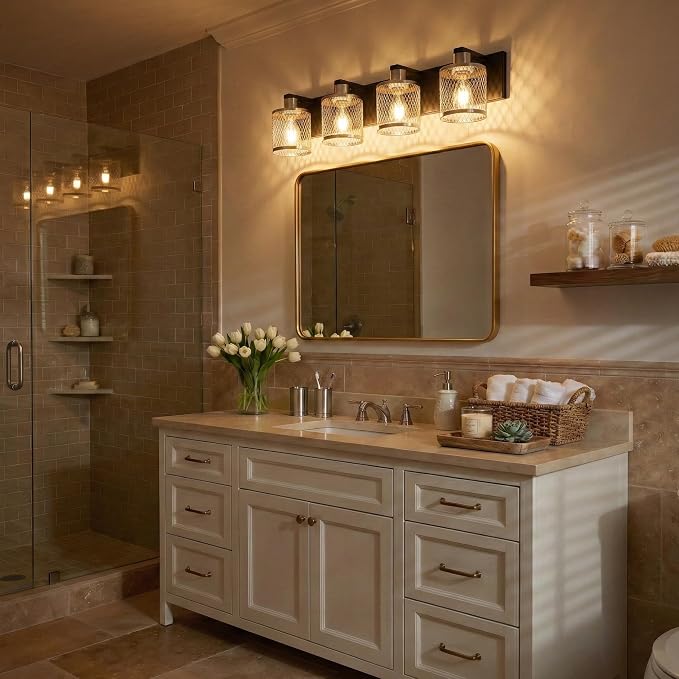 Bathroom Light Fixtures Brushed Nickel Vanity Lights 4 Lights Farmhouse Bathroom Vanity Light Vintage Design Wall Sconces Lighting for Mirror Attic Corridor Cellar Wall Lamps