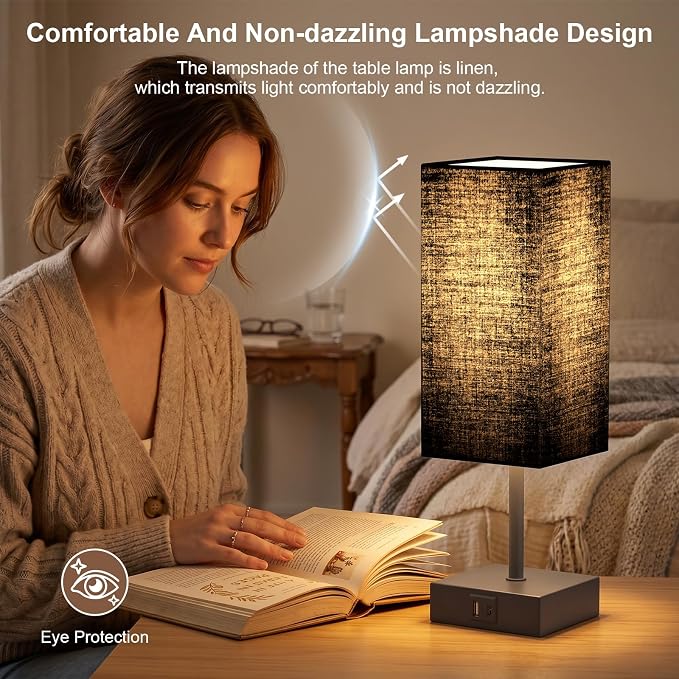 Bedside Table Lamps for Bedroom Touch Nightstand Lamp with USB C+A | Set of 2 Black Lampshade 14-inch, 3 Way Dimmable, Small Bedside Lamps for Living Room ,Dorm, Office, LED Bulbs Included