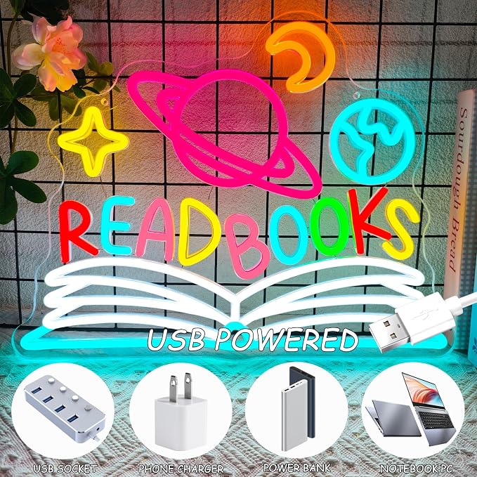 Read Books Neon Sign Dimmable Planet and Book Neon Light for Wall Decor | USB Powered Read LED Neon Signs for Classroom Reading Room Bookstore Library Bedroom Study Room Bookish Decoration for Teens