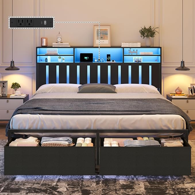 Queen Size Bed Frame with 2 Storage Drawers, Wood Headboard with LED Lights | Queen Bed Frame with Power Outlets & 2-Tier Storage Shelves, Metal Platform Bed with Under Bed Storage, No Box Spring Needed