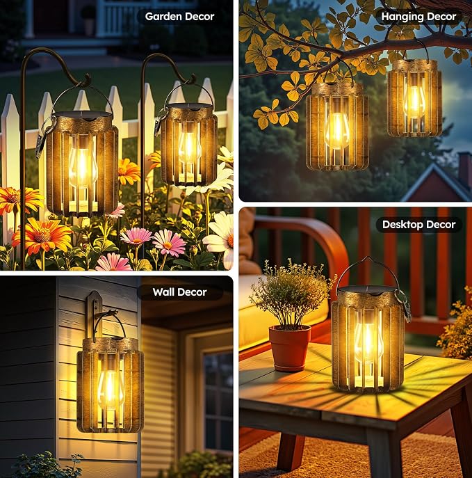 4 Pack Solar Lanterns Outdoor Waterproof, Retro Metal Hanging Lantern | 12-Hr Runtime Outdoor Solar Lantern, Auto On At Dusk, High Bright Hanging Solar Lights for Outside Garden Porch Patio Decor