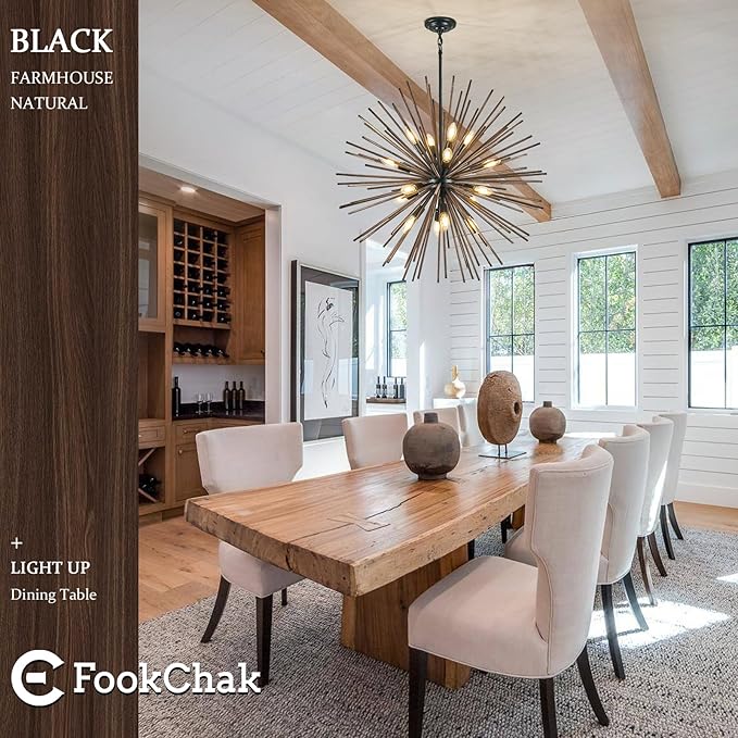 Large Wood Sputnik Chandeliers 16 Light Starburst Chandelier Light Fixture Solid Wood Farmhouse Black Satellite Light Fixture for Dining Room Foyer Living Room 32in