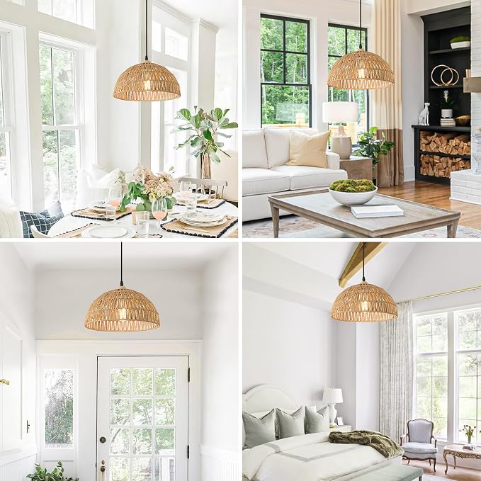 13 Inch Rattan Pendant Lights Farmhouse Boho Chandelier Light Fixture Rustic Wicker Hand Woven Pendant Hanging Light for Dining Room Kitchen Bedroom Foyer Hallway