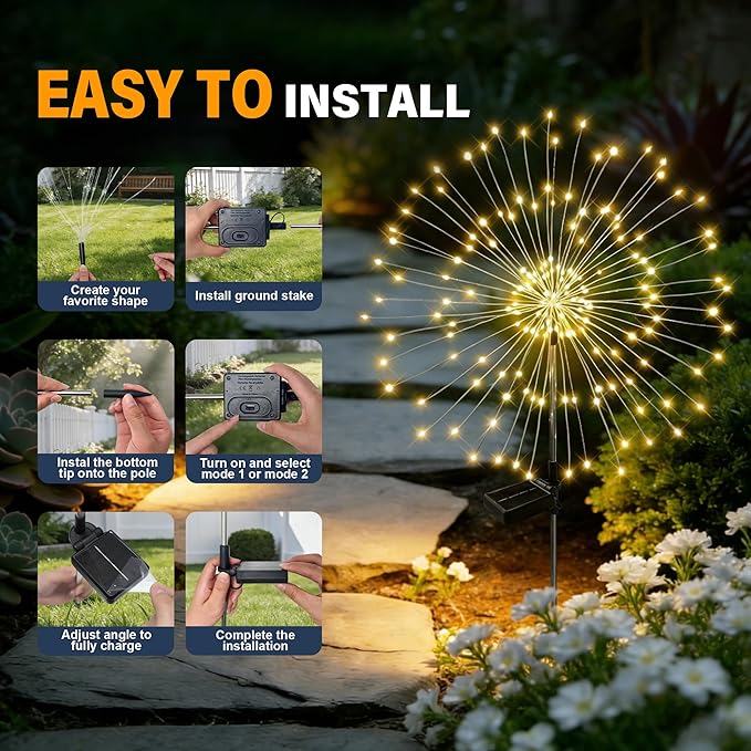 Solar Garden Lights Outdoor Decor Waterproof, 4Pack 120LED Firework Lights for Garden Decorative, Fairy Lights Solar Powered for Yard, Patio,Pathway,Flowerbed,Planter,Party(Warm White)
