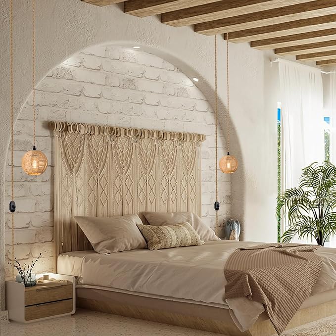 15ft Plug in Pendant Light with Cord Dimmable Switch | Rattan Hanging Lamp with Hand Woven Wicker Plug in Chandelier Boho Hanging Lights Fixture for Bedroom kitchen Hallway Foyer