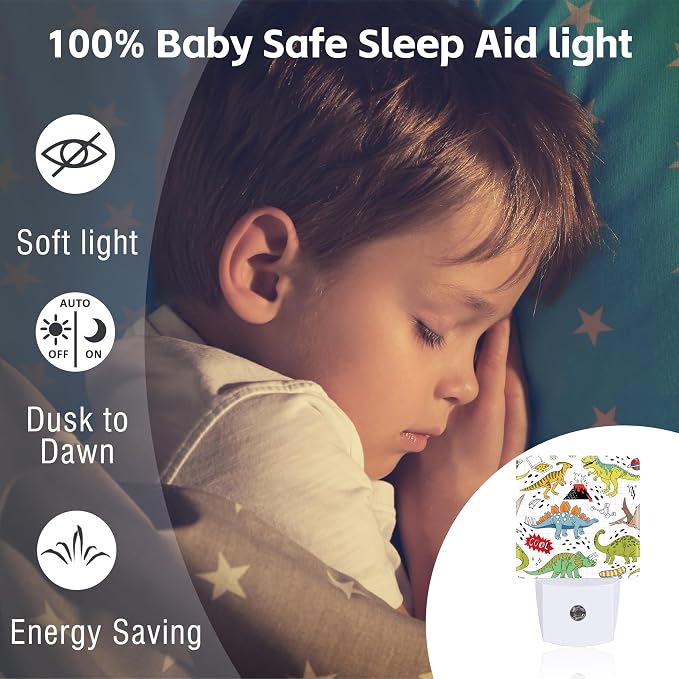 Cool Doodle Dinosaurs Night Light for Kids, Funny Cartoon Dino Night Light Plug in with Dusk to Dawn Sensor, 0.5w Energy Saving Sleep Friendly Nightlight for Hallway Stairway Kitchen Bedroom