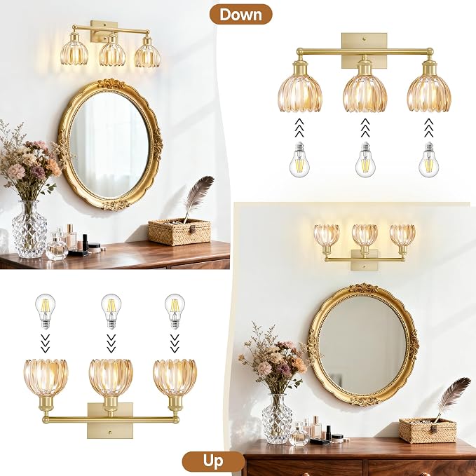 Bathroom Vanity Light 3 Light, 20 in Brushed Brass Bathroom Light Fixtures, Vintage Wall Sconces,Bath Vanity Lights Over Mirror with Amber Tulip Glass Shade for Bedroom Living Room,E26 Base