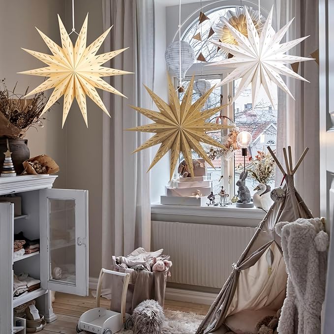 SUNBEAUTY 14-Pointed 18 Inch Hollow Out Paper Star Lanterns Brown White Christmas Lanterns Hanging Lamp Paper Decorations Shade Wedding Birthday Christmas Home Party Decorations