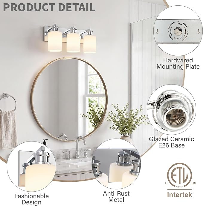 3-Light Chrome Bathroom Vanity Light Fixture, Vanity Lights for Bathroom | Modern Chrome Bathroom Vanity Light Fixture Over Mirror with White Glass Shade, Bathroom Wall Light Over Sink, 16.5 Inch