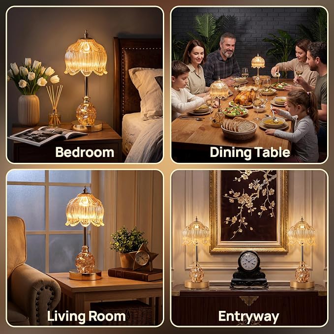 Flower Battery Operated Rechargeable Lamp Cordless, Lily, Amber | Small, Vintage, Gold, Wireless, LED, Dimmable, Table, Home Decor, Bedroom, Bedside, Nightstand, Birthday Gifts for Women