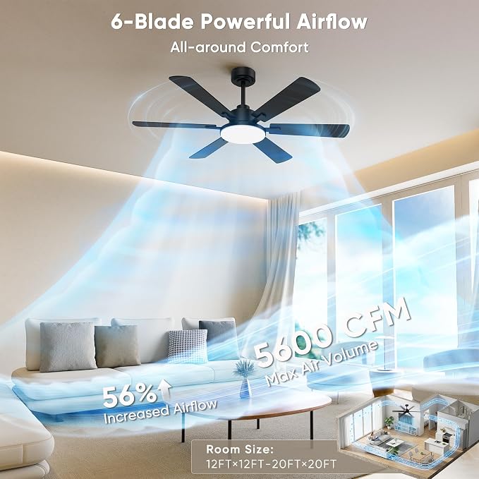 52'' Ceiling Fans with Lights and Remote Control for Living Room | 6 Blades, 6 Speeds, MAX 5600 CFM, Remote&APP Control, 3CCT Dimmable LED, All Metal Body, Memory Function, Reversible DC Motor