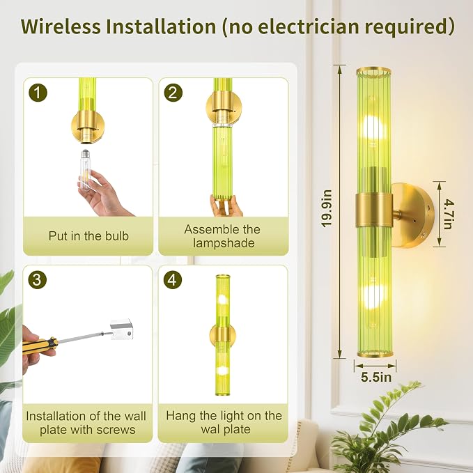 Morauroral Gold Battery Operated Wall Sconces Set of 2, Rechargeable Wall Lights with Remote Control, 20 Inch Modern Wireless Wall Lamp for Bedroom, Living Room with Green Shade (Bulbs Included)