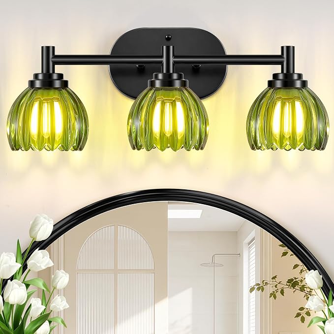 Bathroom Vanity Light, 3-Light Vanity Lighting Fixtures with Green Tulip Glass Shade, Modern Bathroom Wall Mount Lamp, Black Vanity Lights Over Mirror for Living Room, Hallway, Cabinet, Porch