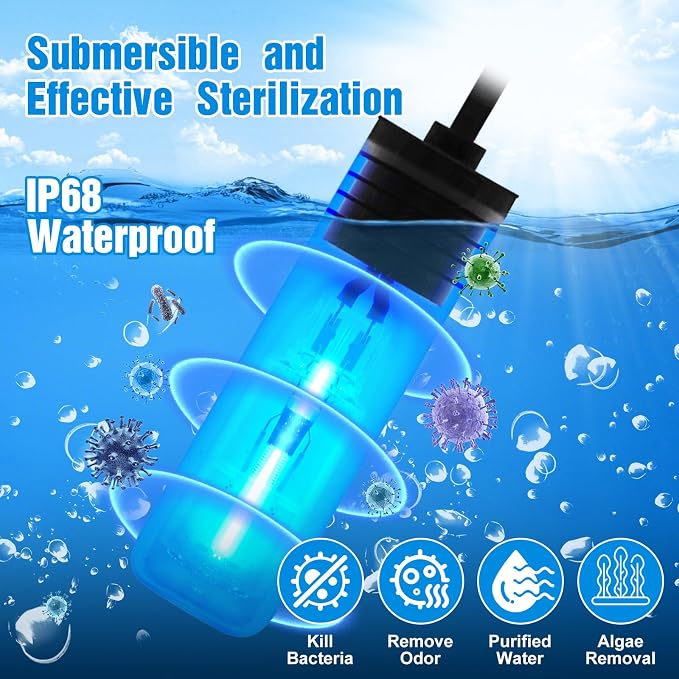 Aquarium Lamp 3W Mini Fish Tank Clean Green Light Submersible Use in Filter Area for 10-45 Gallon Fish Tank Pond Cloudy Water Clean and Clear