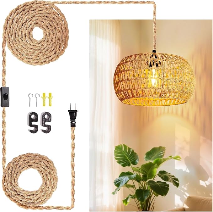 Hanging Lamps Rattan Pendant Light Hanging Lights 16.4ft Plug in Cord Pendant Light Fixture Plug Into Wall Outlet Pendant Lighting with On Off Switch for Bedroom Living