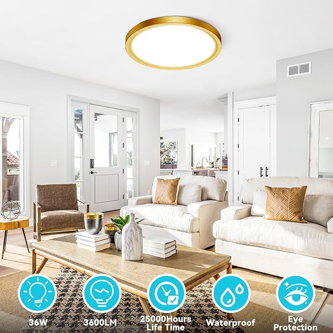 libtit 16Inch Flush Mount LED Ceiling Light Fixture, 3000K 4000K 6500K Adjustable, 36W 3600lm Gold Satin Round Ceiling Lamp for Bathroom Shower Hallway Kitchen, 1 Pack