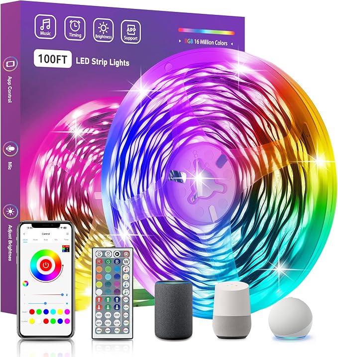 FONEWE Smart WiFi LED Lights 100 ft Remote Control Through APP Led Strip Lights Supports Alexa and Google Assistant Timing Function RGB Color Changing LED Lights for Bedroom and Party