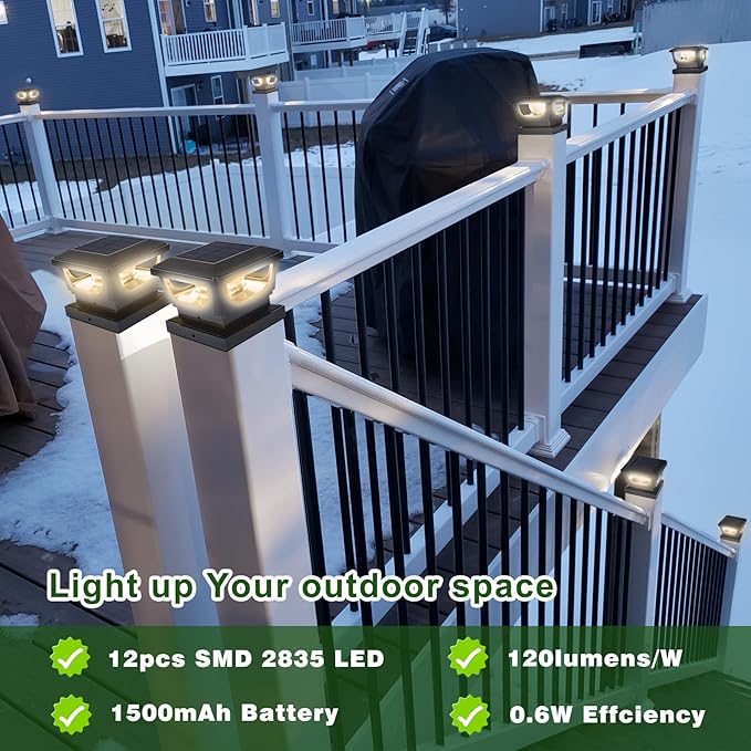 Sumaote Solar Post Cap Lights, 120 Lumen 3000K Warm White LED for 3x3 Metal/Vinyl & 4x4 Wood Posts, IP65 Waterproof Outdoor Garden Fence Deck Lighting, Dusk-to-Dawn Auto On/Off (6 Pack)