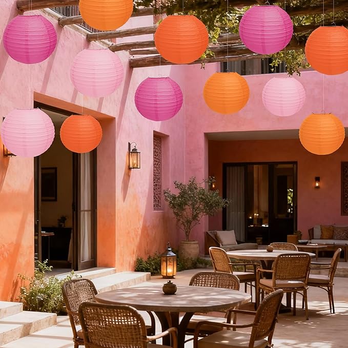 12 Pcs Pink and Orange Paper Lanterns, 10" Hanging Paper Lanterns, Pink and Orange Party Decorations for Home Birthday Wedding Sunset and Valentines Party Decorations
