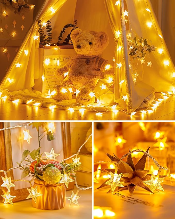 Minetom 66ft Plug in Star String Lights with Remote, Warm White | Remote and Timer, 8 Modes, Lovely for Classroom BedroomTent Loft Bed Backyard Patio Porch Balcony Party Decor