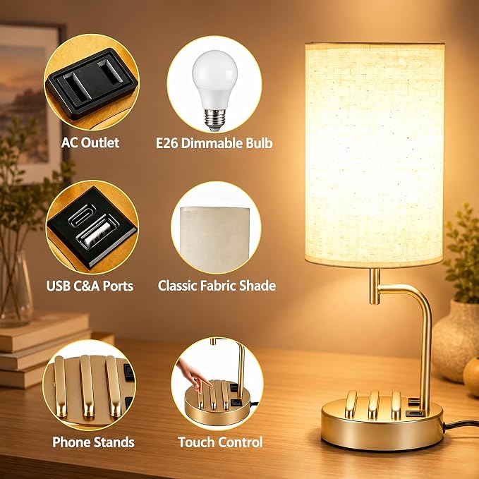 Dreamholder Touch Control USB Table Lamp with USB C/A & AC Outlet, 3-Way Dimmable Bedside Lamp, Modern Nightstand Lamps for Bedroom Living Room Guest Room Office, Bulb Included, Gold