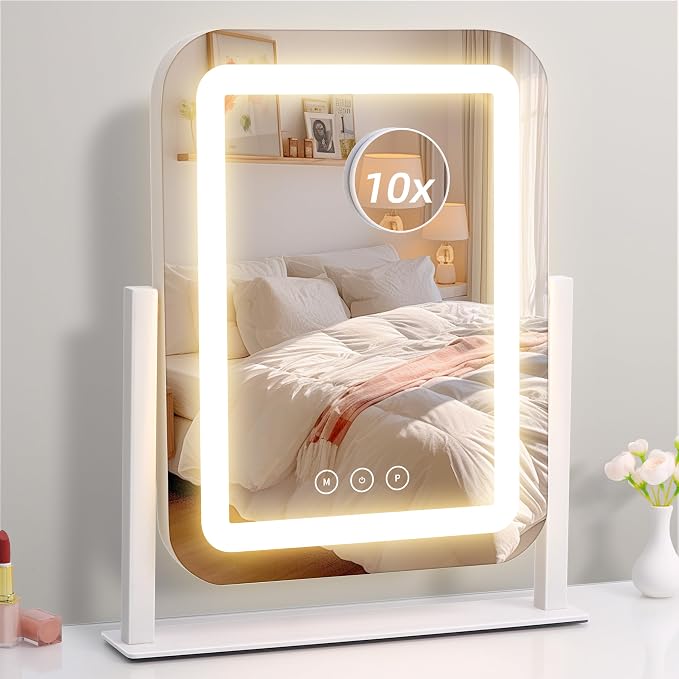 Vanity Mirror with Lights, 12"×13.9" Makeup Mirror with LED Lights, Lighted Makeup Mirror with Smart Touch Control & 3 Dimmable Color Modes, Mirror with Lights for Desk, Bedroom, Dressing Room