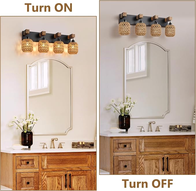 LmnLvn 4-Light Bathroom Vanity Light, Boho Farmhouse Rattan Handwoven Shade | Wood & Metal Frame, Rattan Vanity Light Design, Mounted Over Mirror, Easy To Install for Restroom, Bedroom & Hallway