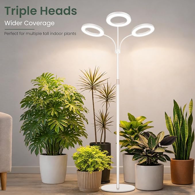 LBW 3-Head Grow Light with Stand for Indoor Plants, Full Spectrum Grow Light for Tall Large Plants, Adjustable Height up to 68", Auto Cycle Timer 6/8/12/16H, 5-Level Dimming, 3 Lighting Modes,White