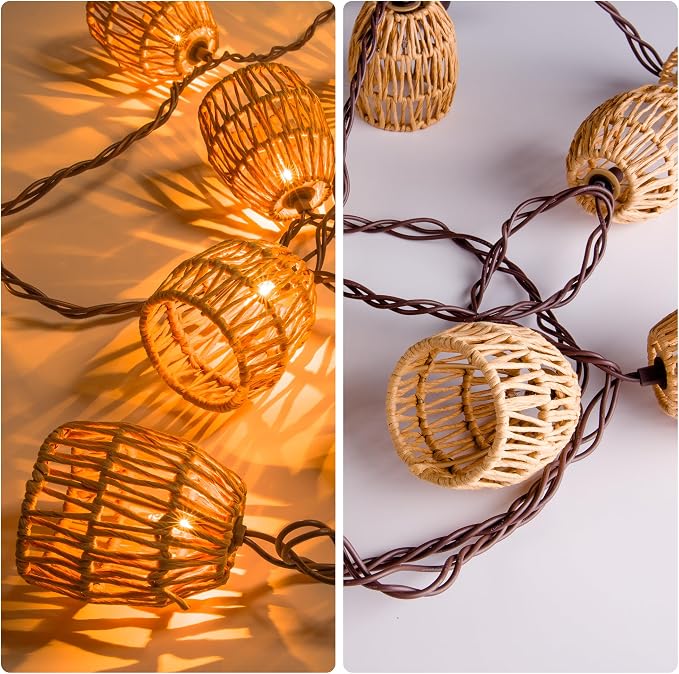 8.5FT Plug in Tiki Lantern String Lights,10 Boho Paper Rattan Lantern, Connectable Decorative String Lights Outdoor Indoor for Bedroom Patio Garden Pergola Porch Holiday Christmas